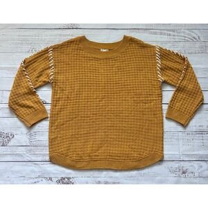 Kate & Sam Mustard Yellow Sweater Womens XL Waffle Knit Lace Up Sleeve Pullover
